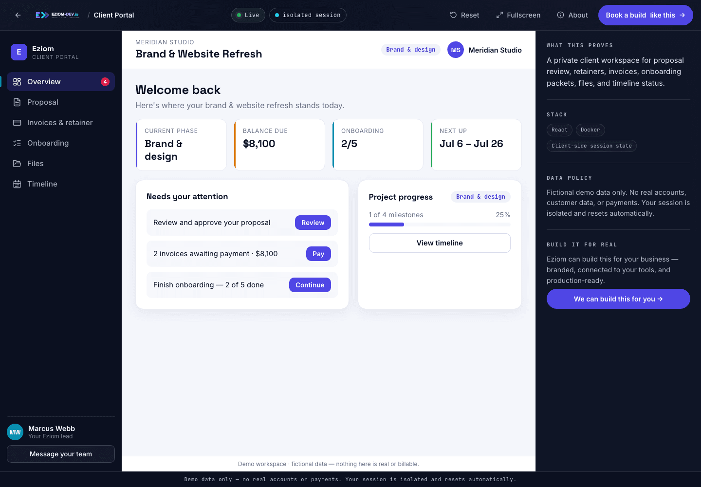 Live Eziom client portal demo showing project status, proposal, billing, onboarding, files, and next actions.