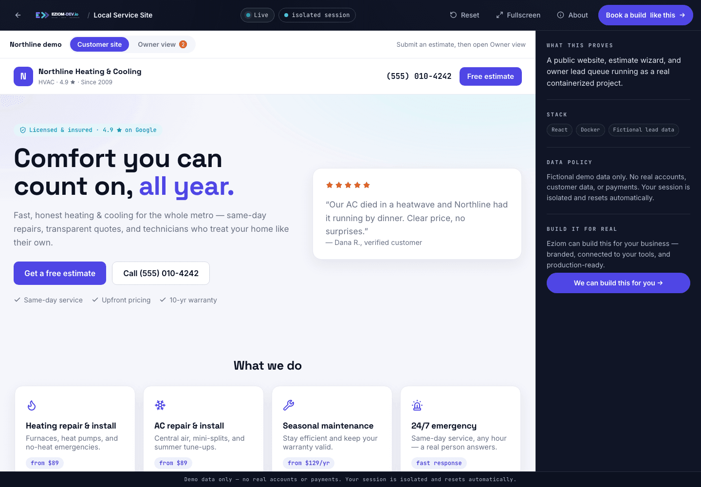 Live Eziom local service website demo showing service options, trust cues, and an estimate request path.