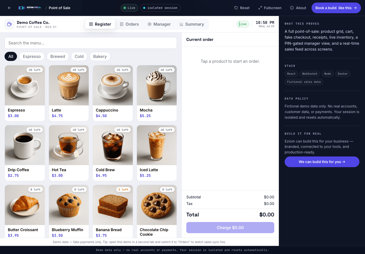 Live Eziom point-of-sale demo showing a coffee product grid, current order, checkout controls, and proof notes.